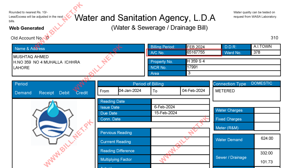 Water and Sanitation Agency LDA Drainage Bill Lahore